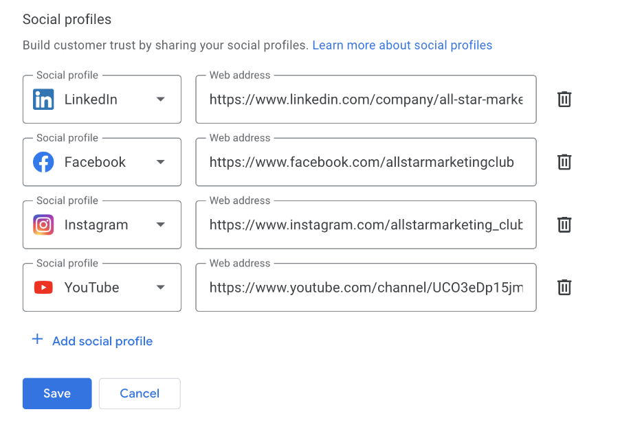 Key to this Google Business Update: Add your social media profiles into the fields, and click save.